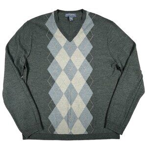 Banana Republic Sweater Men’s Large 100% Wool Green Argyle V-Neck Pullover